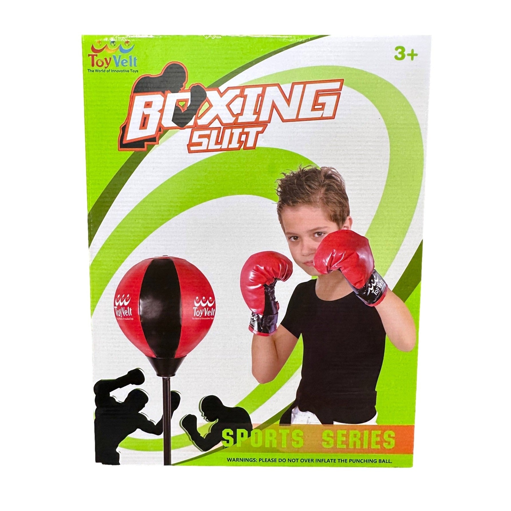 Box for "Boxing Suit" toy set with a boy wearing boxing gloves and a punching bag illustration.